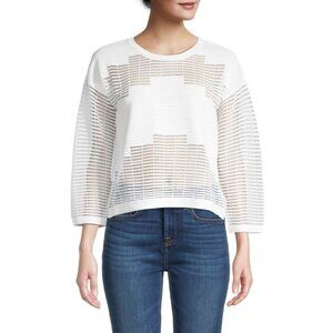 Mariel Womens Mesh Stripe‎ Knit Crewneck Sweater Pullover Boxy Top White Size OS